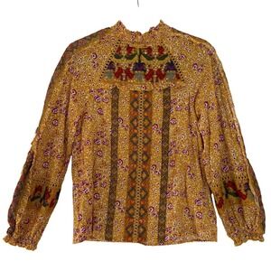 Maeve by Anthropologie Embroidered Floral Mock Neck Blouse Yellow Size 4 Boho